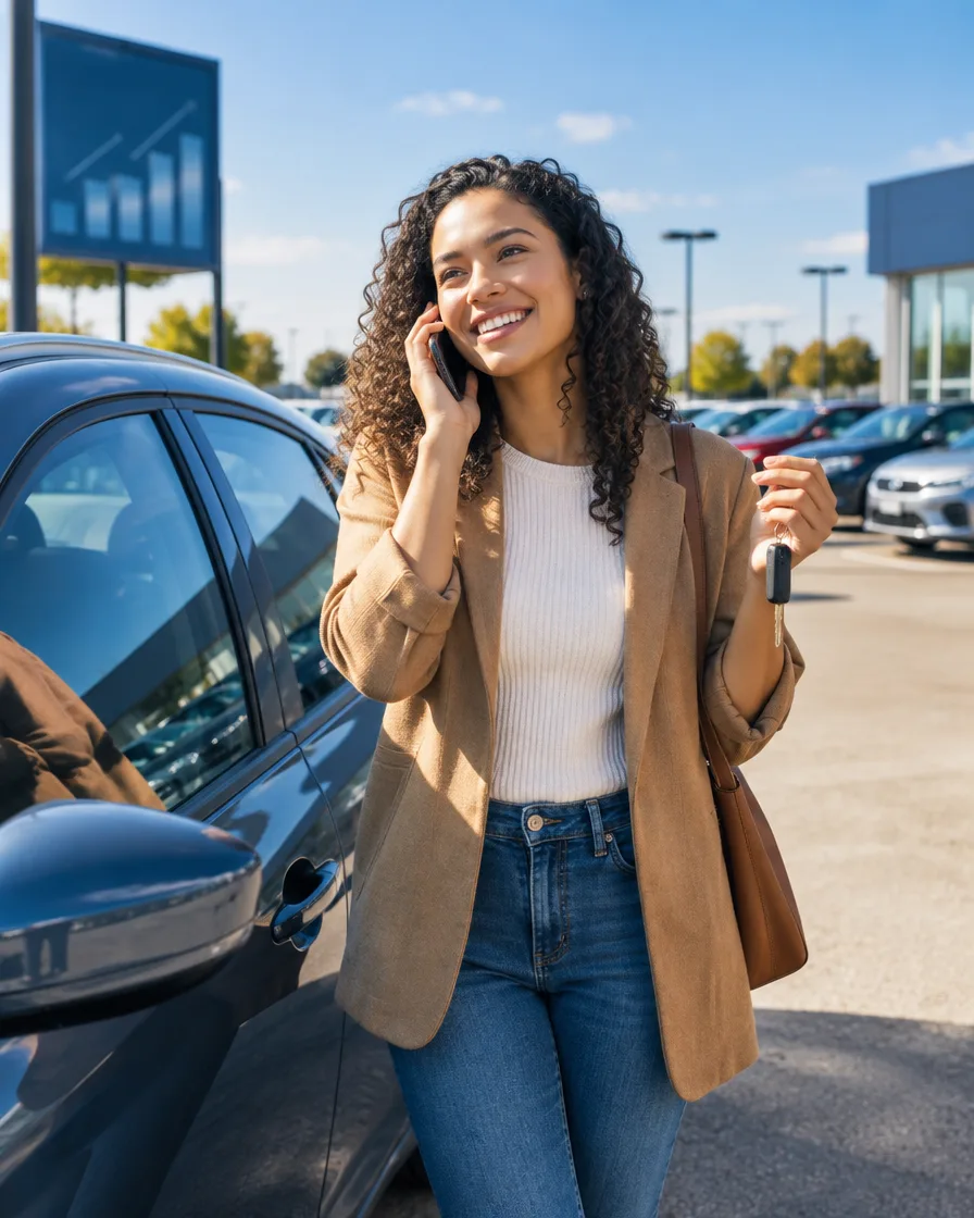 Woman on the phone smiling next to her car in a parking lot