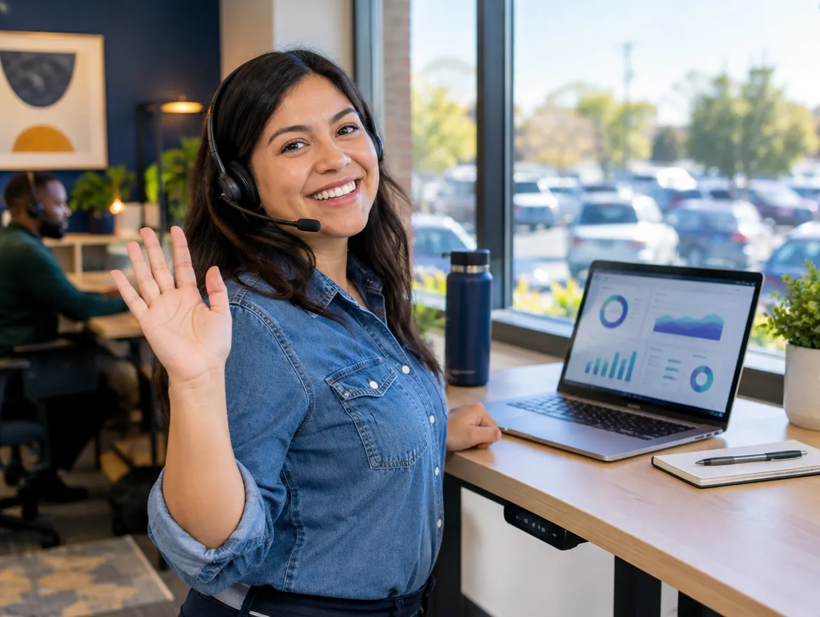 Smiling auto insurance agent in a headset waving at her desk