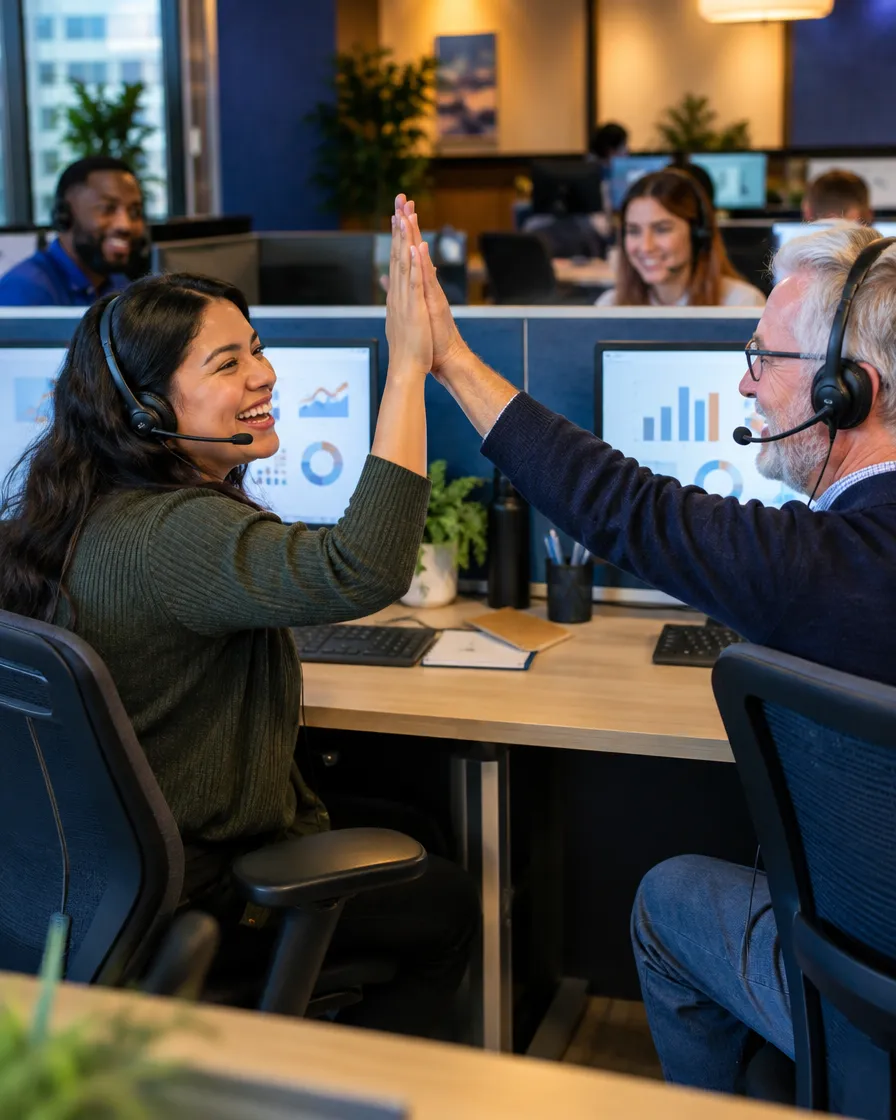 Insurance support team celebrating with a high-five