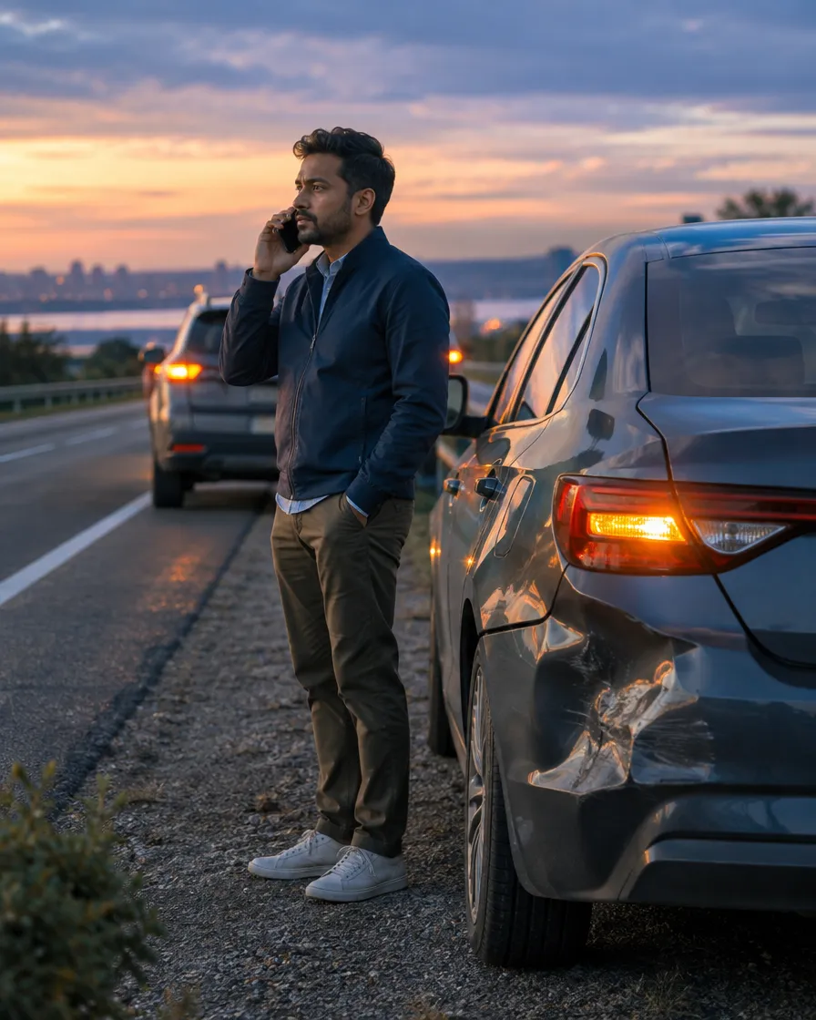 Driver on the phone at the roadside next to his damaged car at sunset