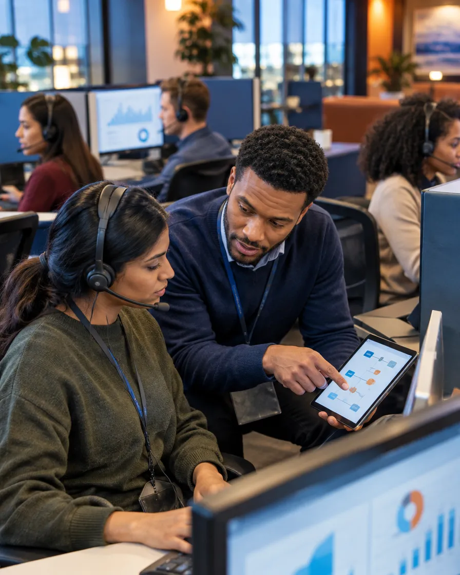 Insurance agents reviewing a claim together on a tablet