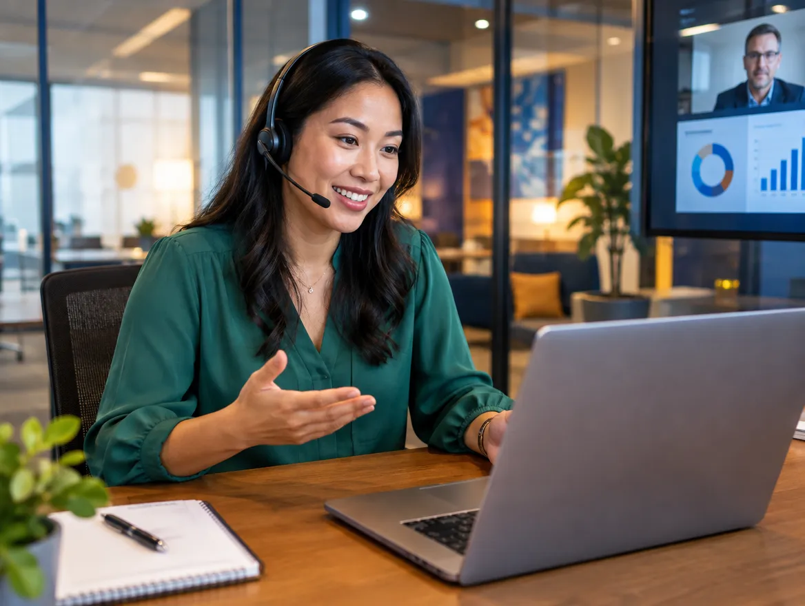Smiling auto insurance agent in a headset talking with a customer