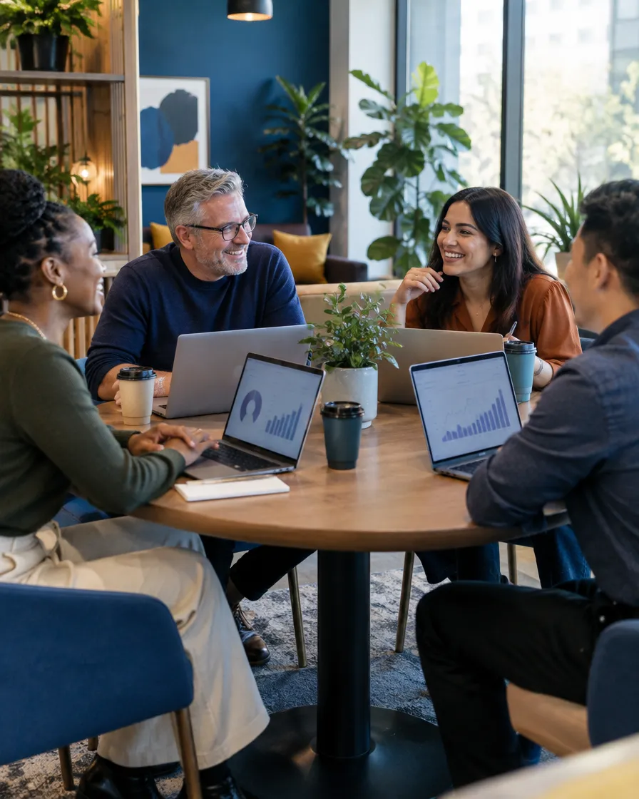 Insurance team meeting around a table with laptops