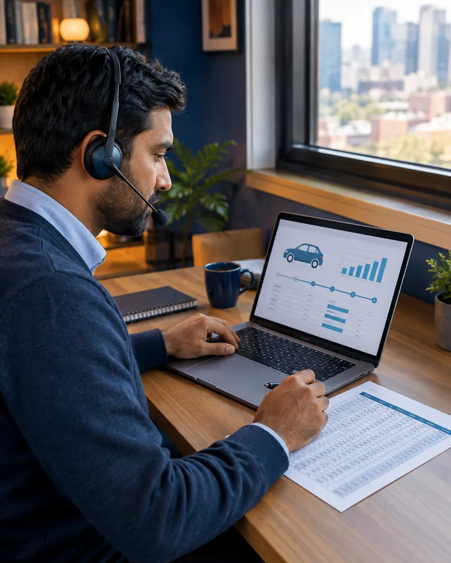 Auto loan agent in a headset reviewing a loan application on a laptop