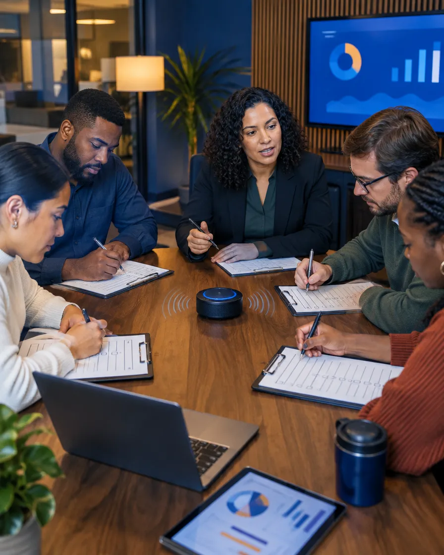 Lending team reviewing auto loan documents around a table