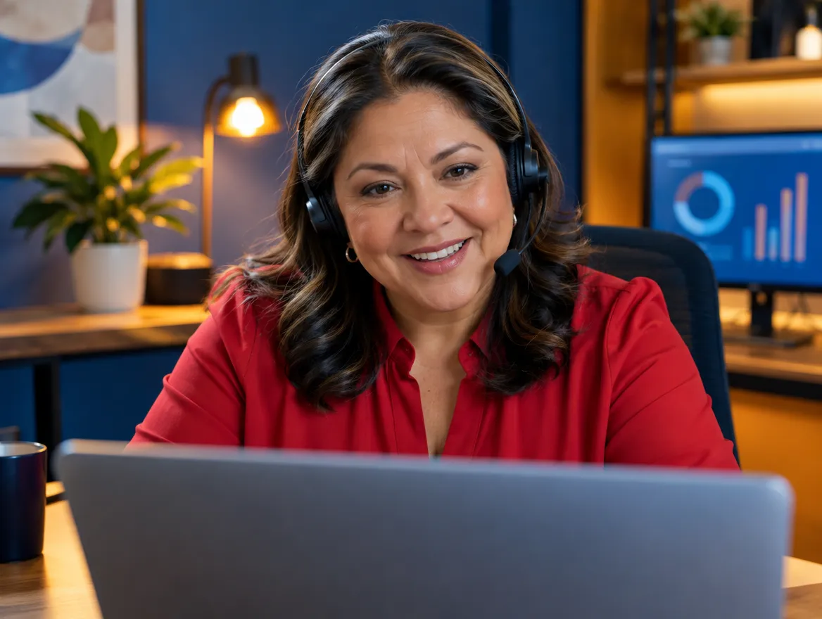 Smiling auto loan agent in a headset on a video call