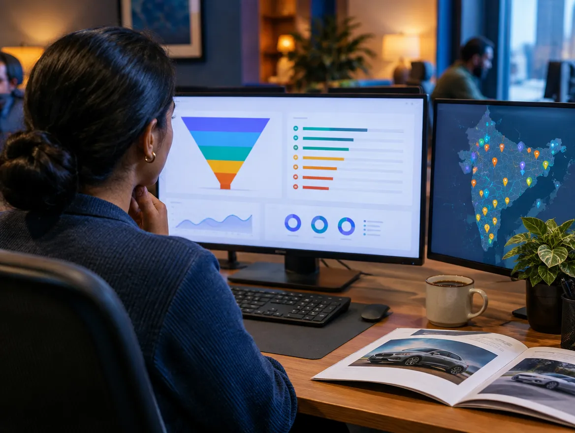Analyst reviewing automotive sales funnel and map data on monitors
