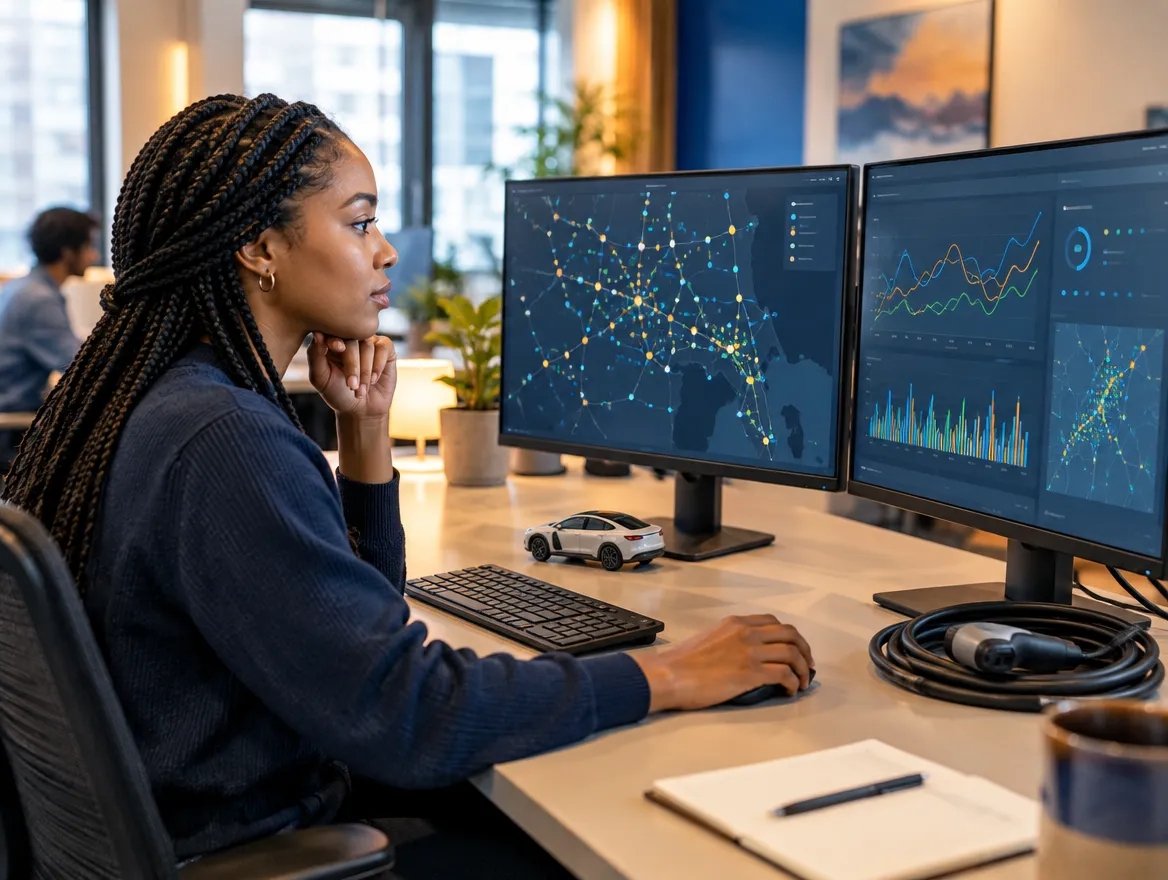Analyst monitoring an EV charging network map on two monitors