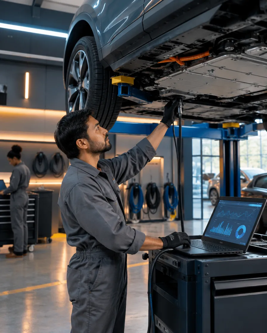 Technician working on an electric vehicle in a service bay