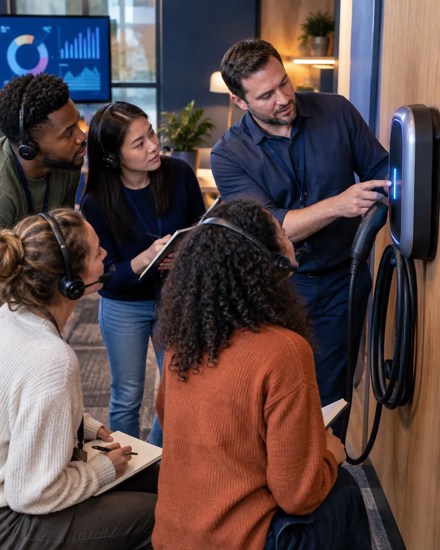 E-mobility team gathered around a wall-mounted EV charger