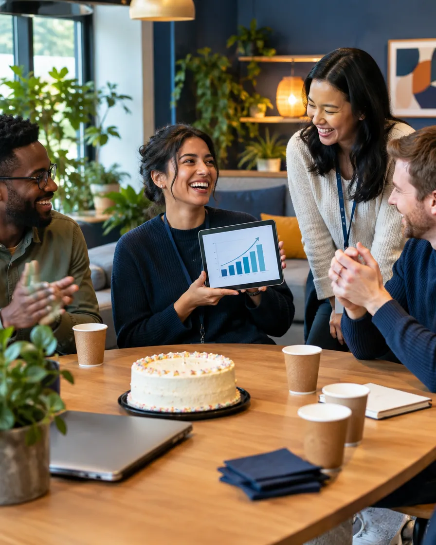 E-mobility support team celebrating with cake at a table