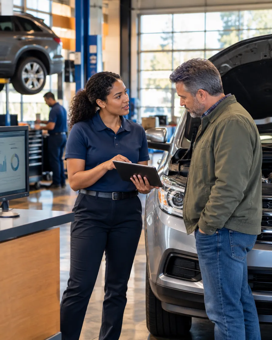 Service advisor with a tablet talking to a customer at a car dealership service center