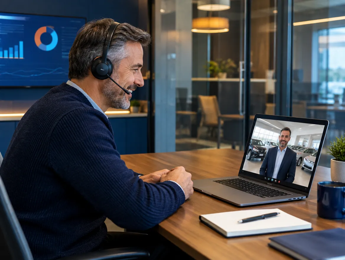 Automotive support agent in a headset on a video call with a customer