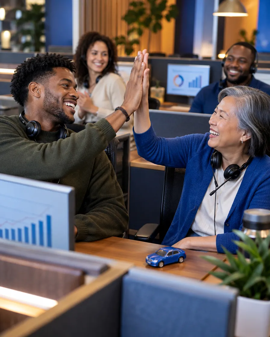 Automotive support agents in headsets celebrating together