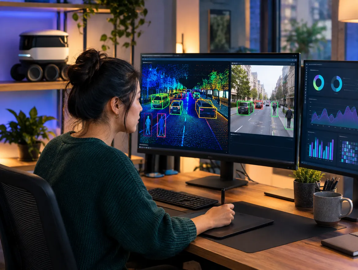 Remote operator monitoring an autonomous vehicle's camera and sensor view on monitors