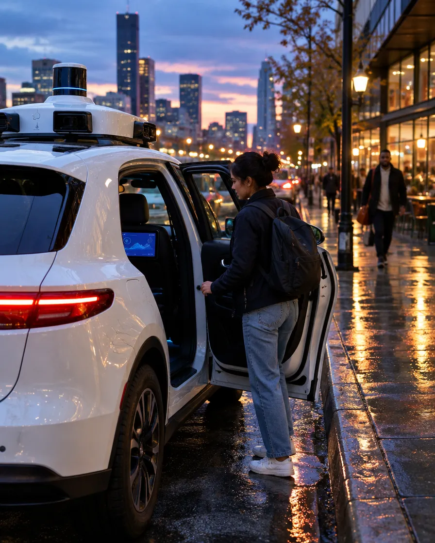 Passenger stepping out of a self-driving car on a rainy city street at night