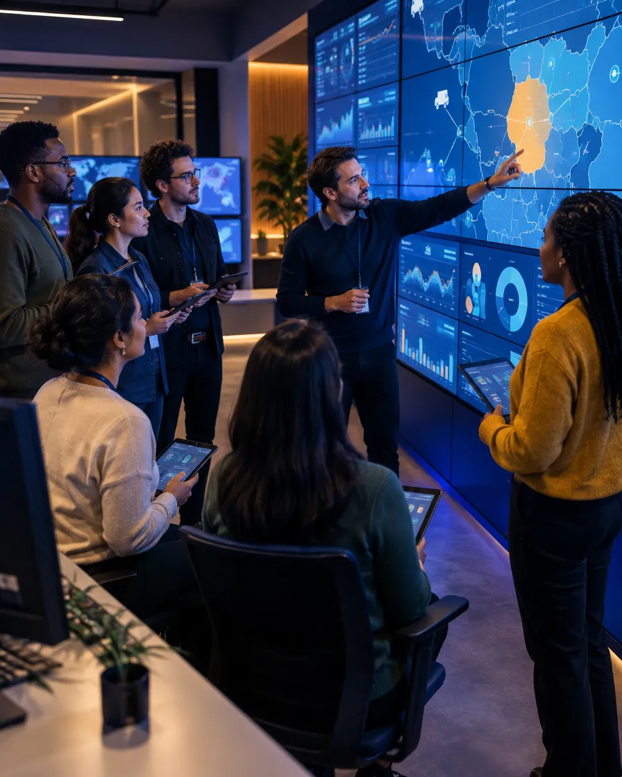 Robotics operations team reviewing maps on a large interactive screen