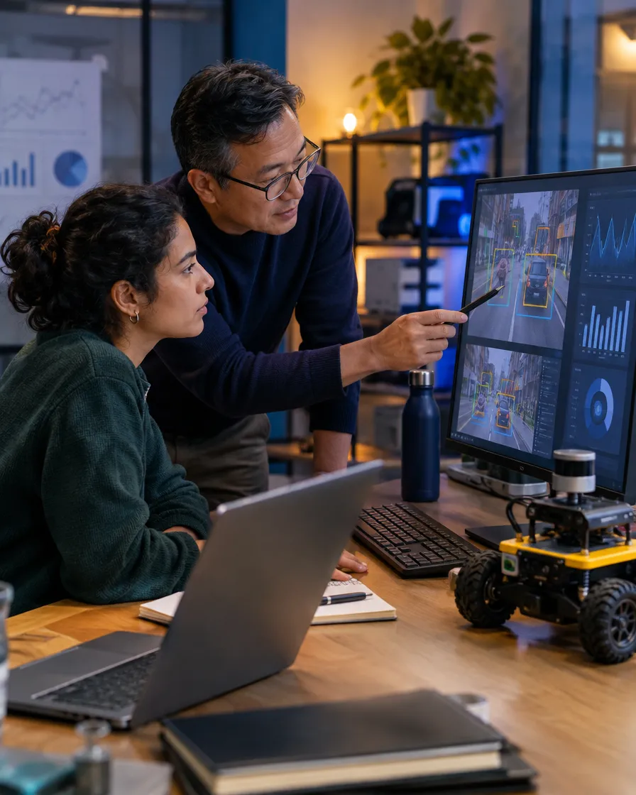Engineers discussing a delivery robot's data at a desk