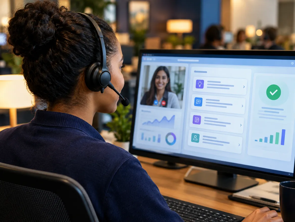 Agent in a headset verifying a customer's identity on screen