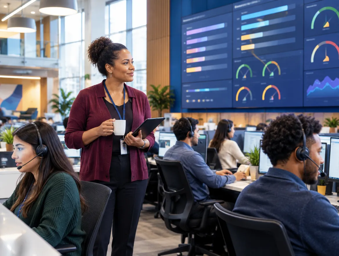 Team lead with a tablet walking among banking agents under a dashboard wall