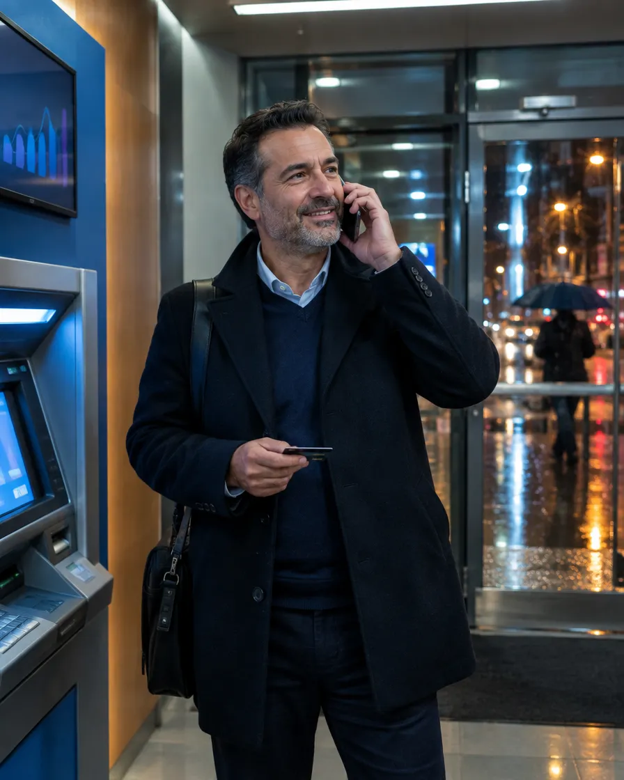 Man on the phone at an ATM in the evening