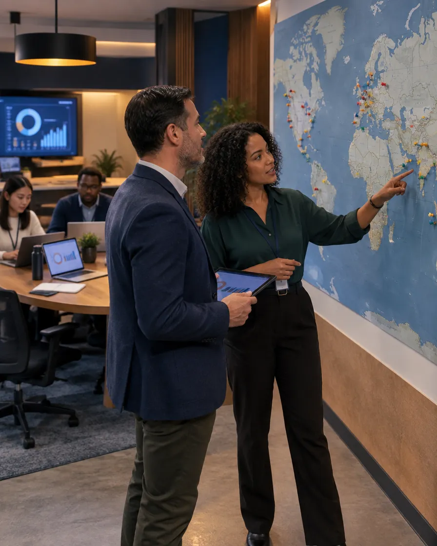 Banking team reviewing a world map on the office wall
