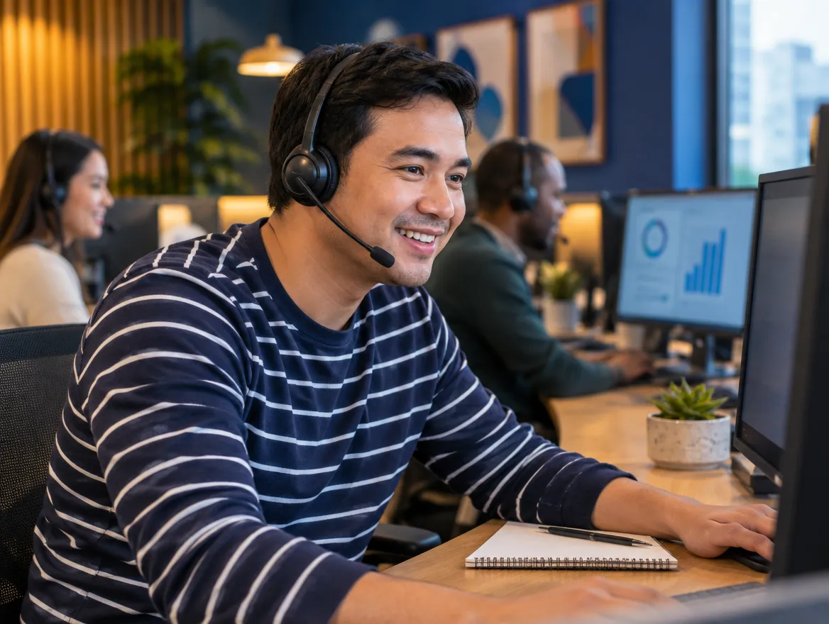 Smiling banking agent in a headset working at his computer