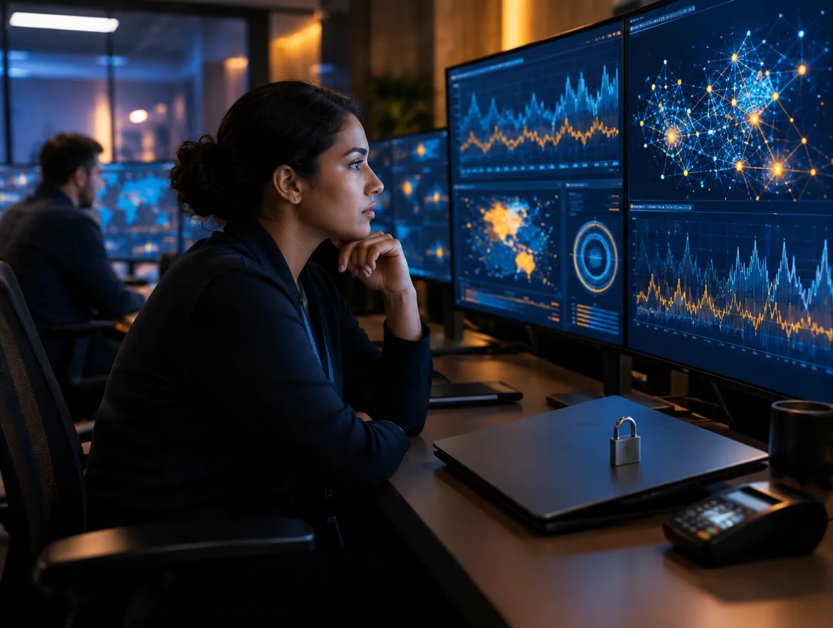 Analyst reviewing financial data visualizations on large monitors