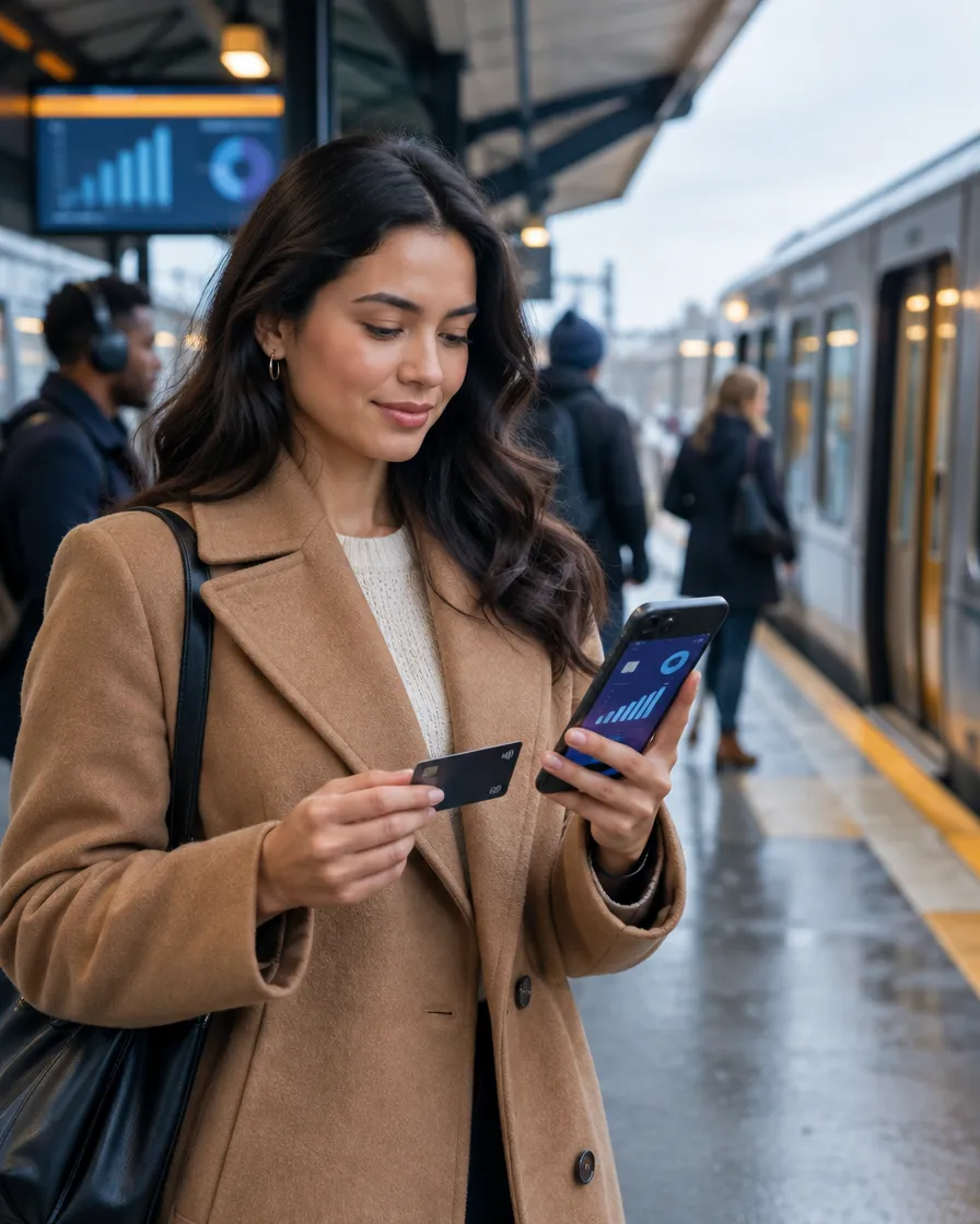 Woman checking her banking app on a phone on a train platform