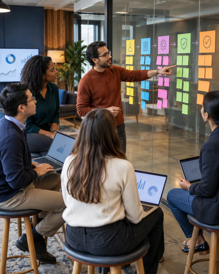 Finance team planning with sticky notes on a glass wall
