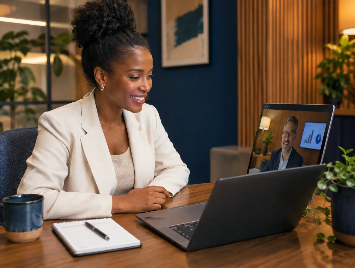 Smiling finance advisor on a video call with a client