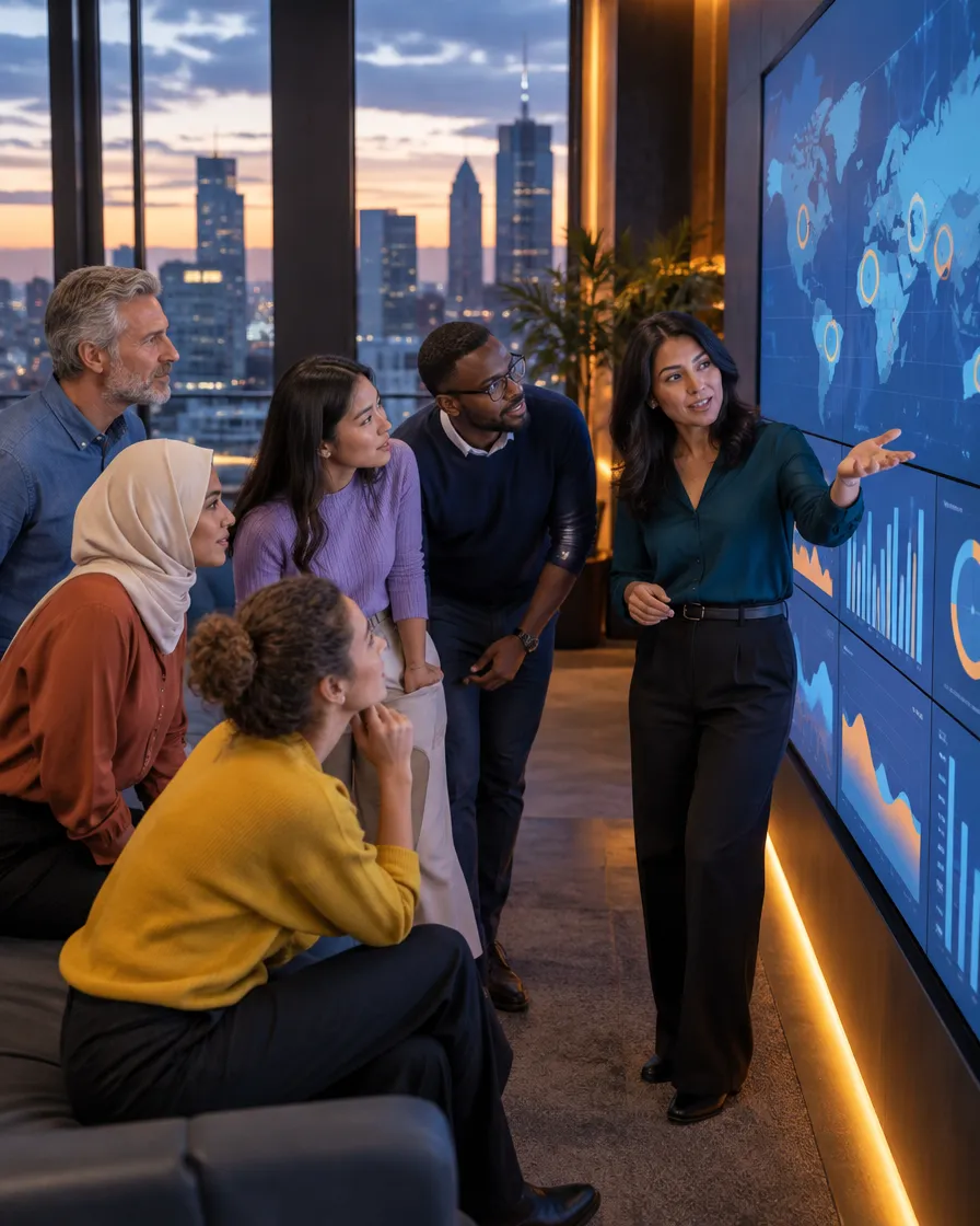 Team gathered around a presenter with data screens