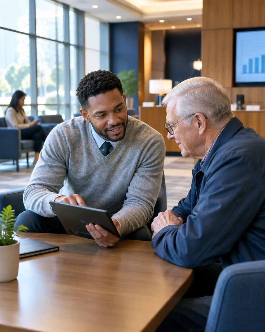 Banker helping a senior customer with his account at a desk