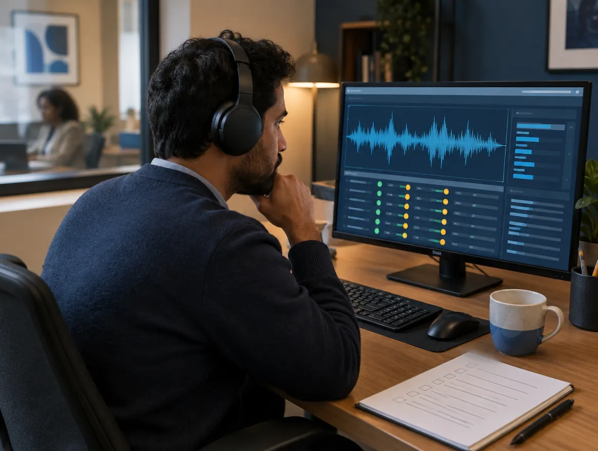 Banking agent in a headset reviewing call analytics on a monitor