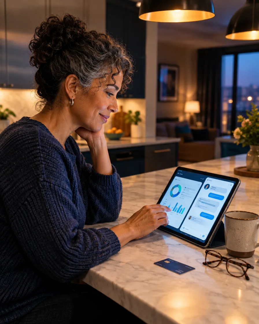 Woman reviewing her bank account on a tablet at a café