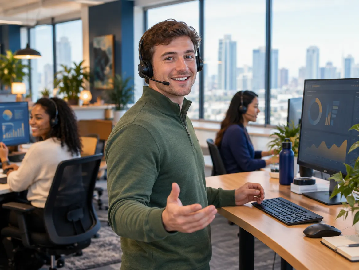 Smiling banking agent in a headset gesturing while on a call
