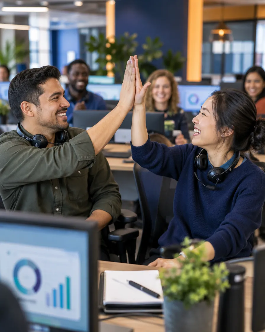 Banking support team celebrating with a high-five