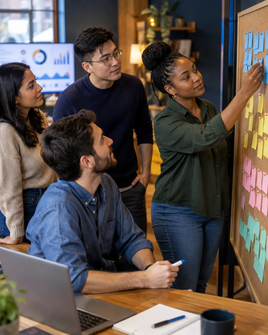Banking team brainstorming around a whiteboard