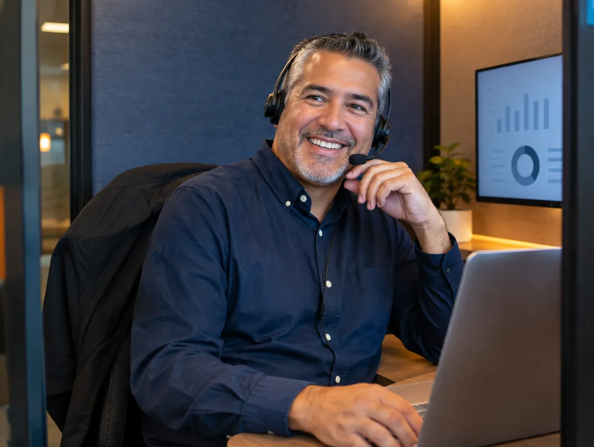 Smiling banking agent in a headset at his desk