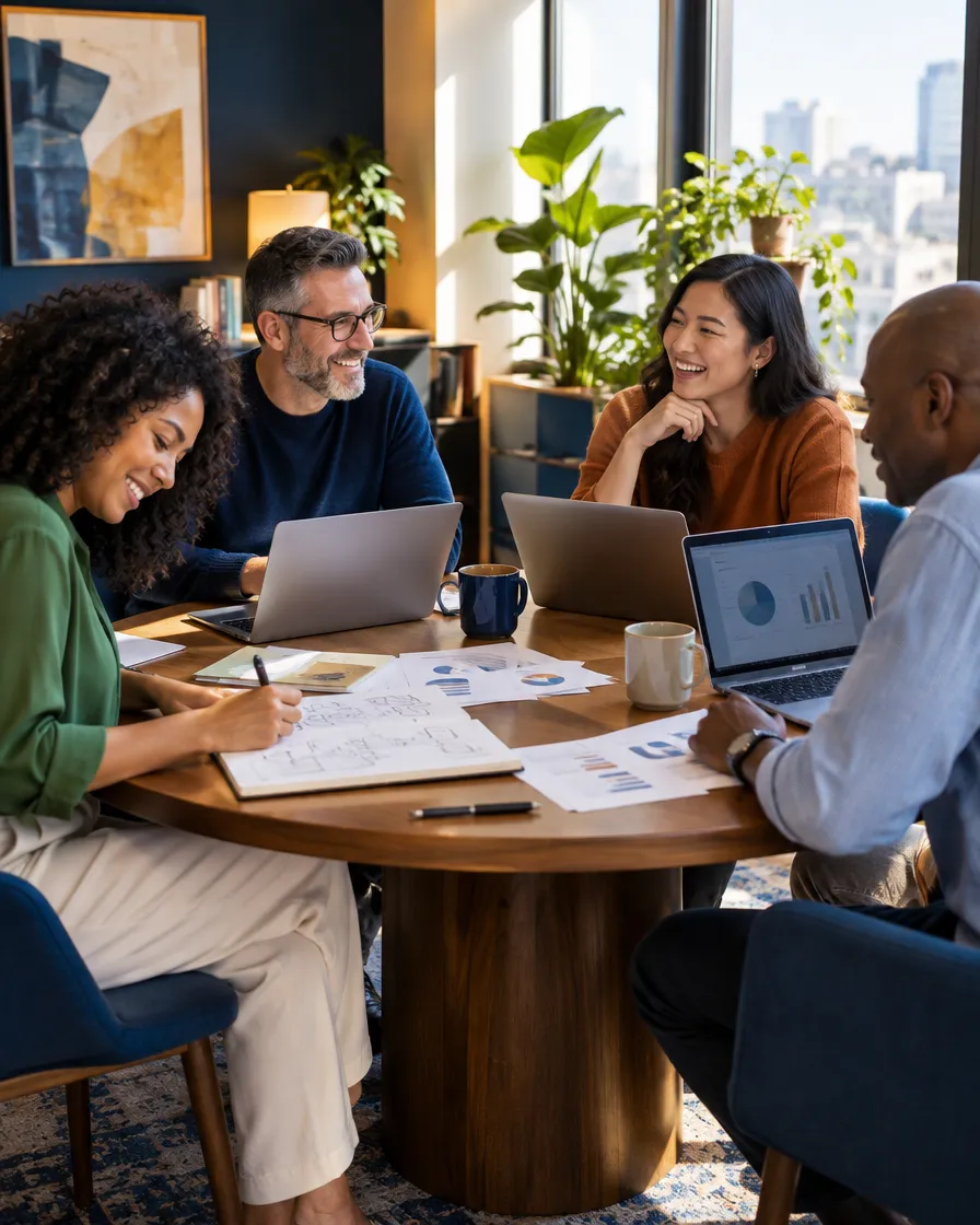 Banking team meeting around a table with laptops and documents