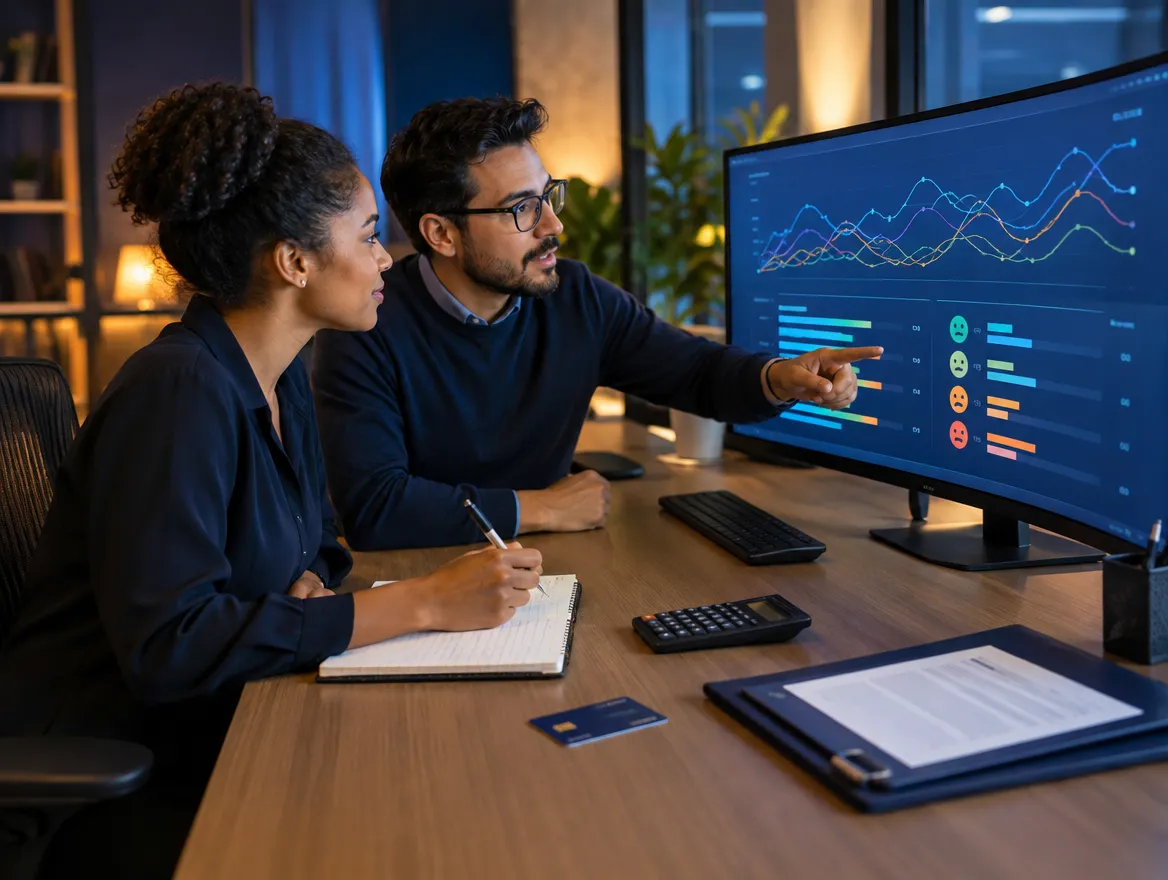 Two analysts reviewing financial charts on a monitor