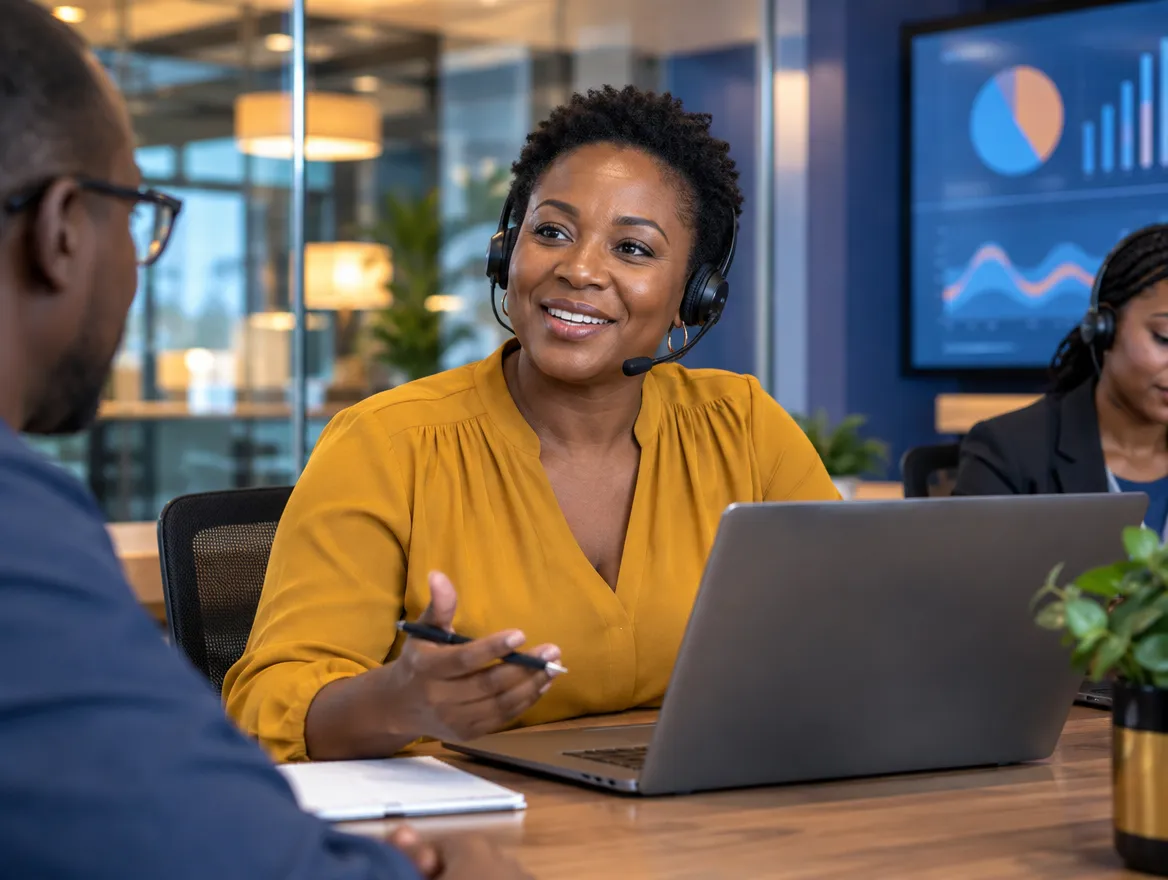Smiling financial services agent in a headset talking with a colleague