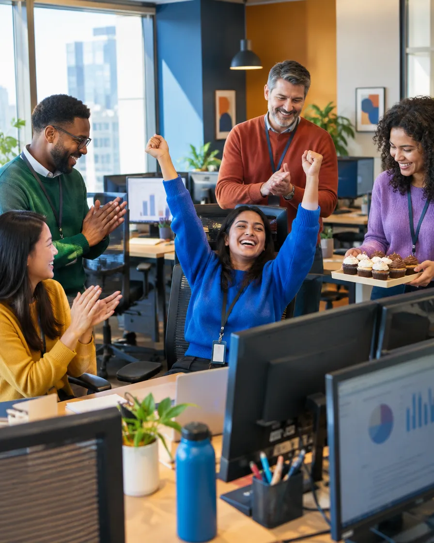 BFSI support team cheering at their desks