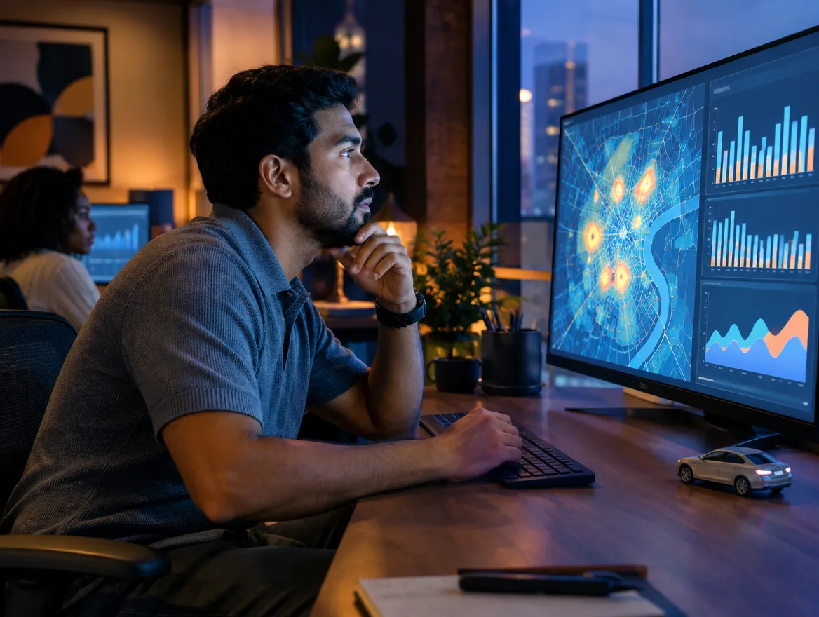 Analyst reviewing fleet demand data on a large monitor