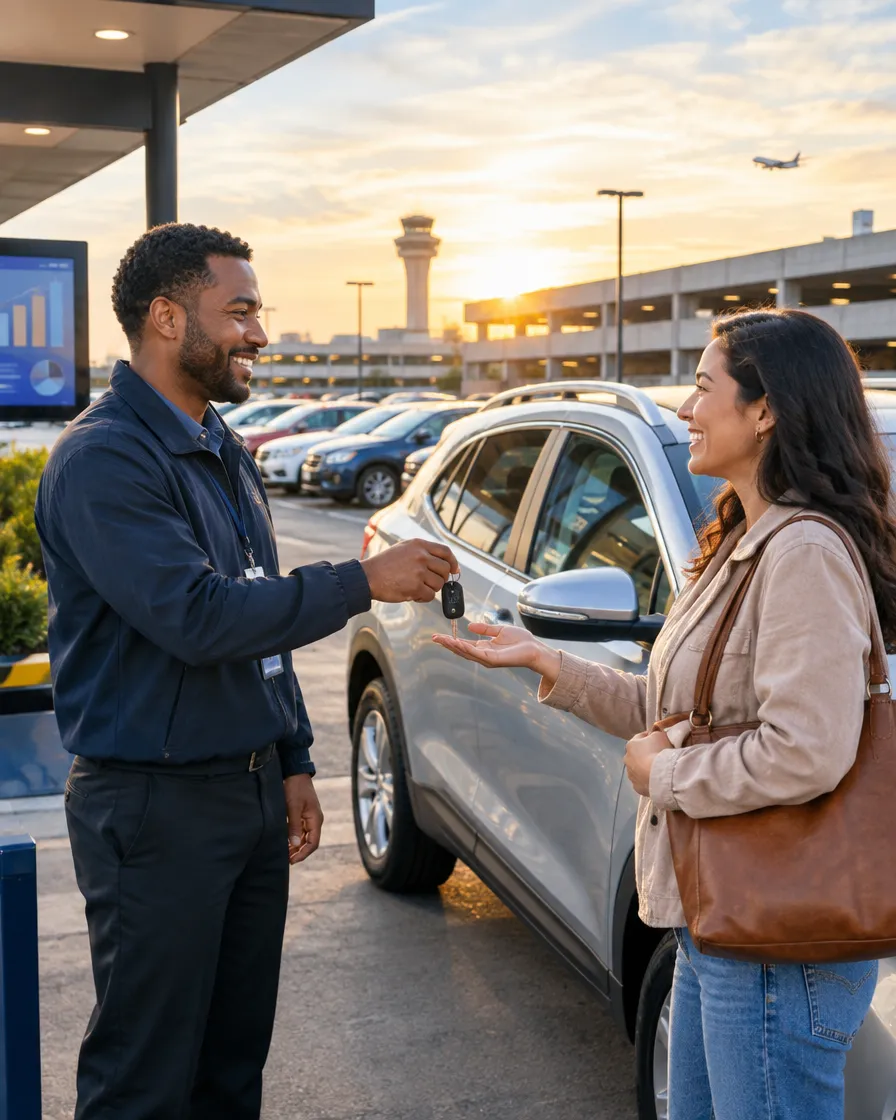 Rental car agent handing keys to a customer at an airport lot