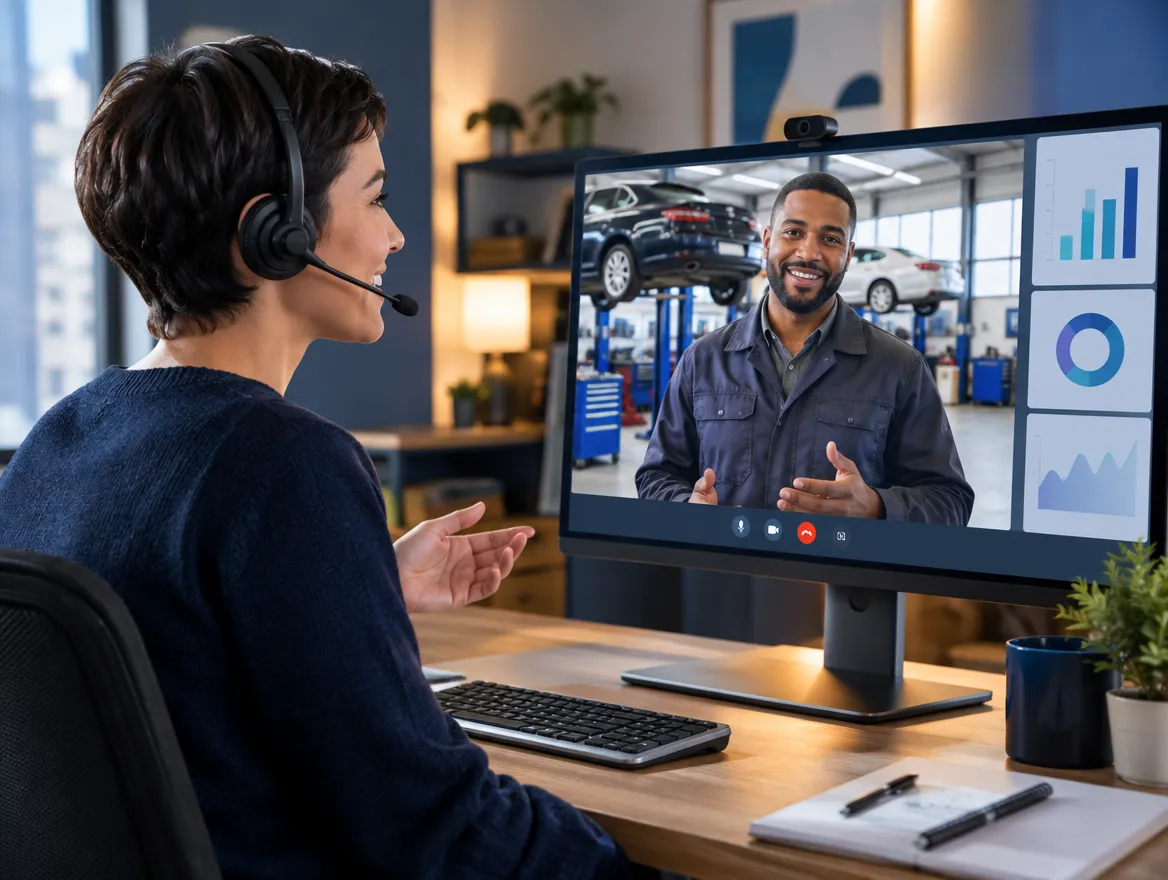 Car rental agent in a headset on a video call with a colleague