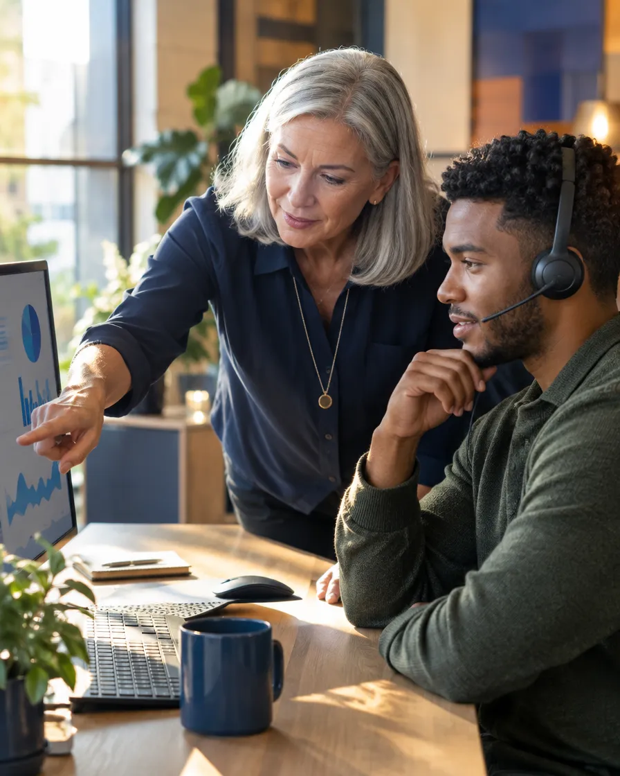 Supervisor coaching a car rental agent in a headset
