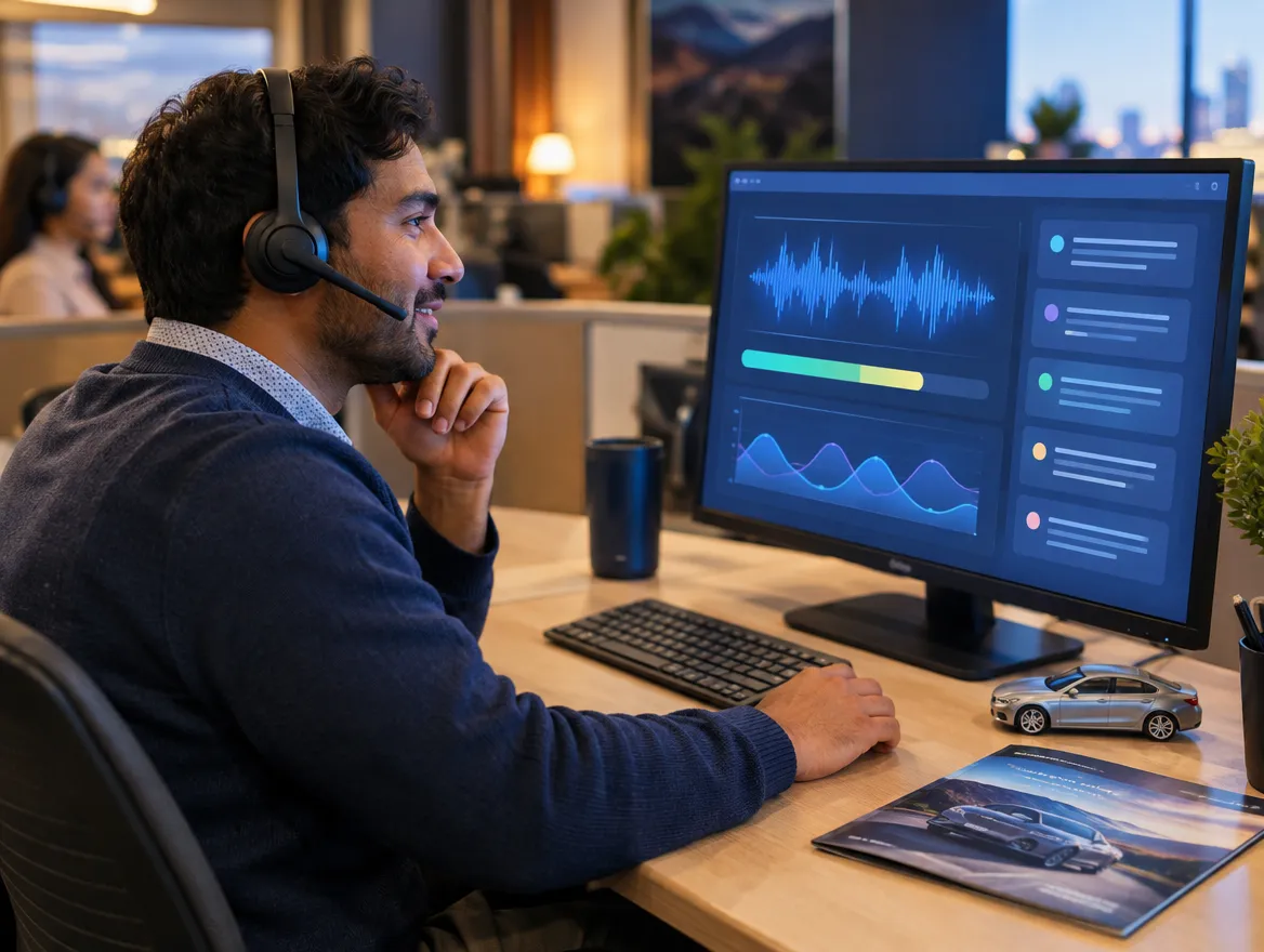 Auto loan agent in a headset reviewing call analytics on a monitor