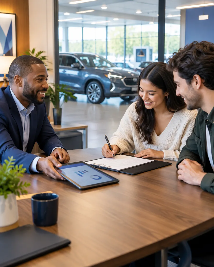 Loan officer reviewing an auto loan with customers at a dealership