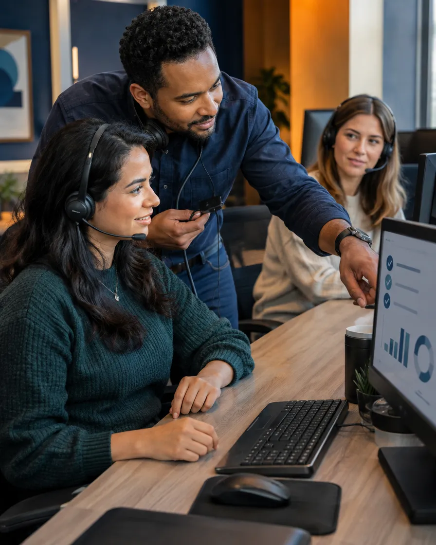 Auto loan agents in headsets collaborating at their desks